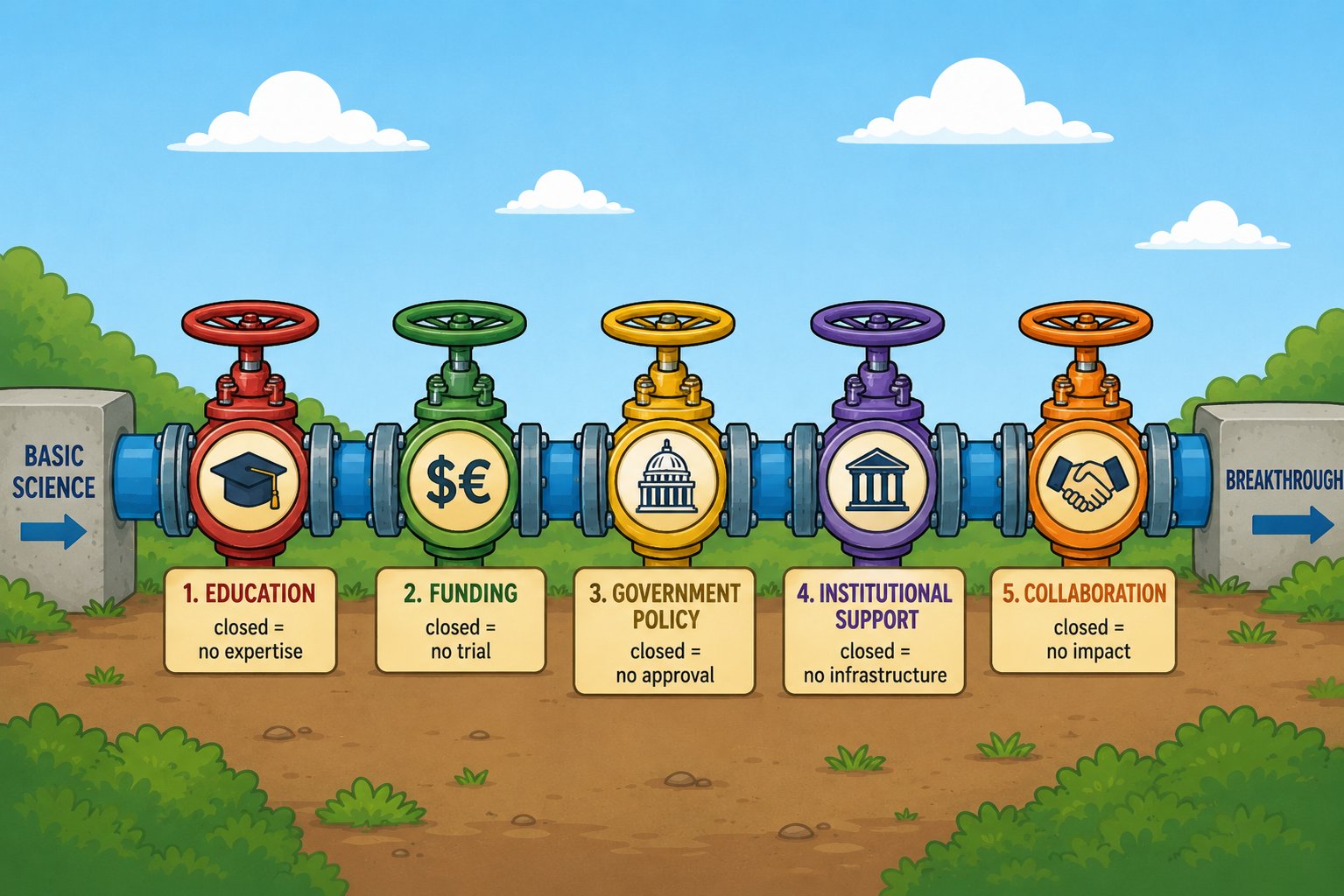 The breakthrough pipeline — Basic Science flowing through five valves: Education, Funding, Government Policy, Institutional Support, and Collaboration — to Breakthrough